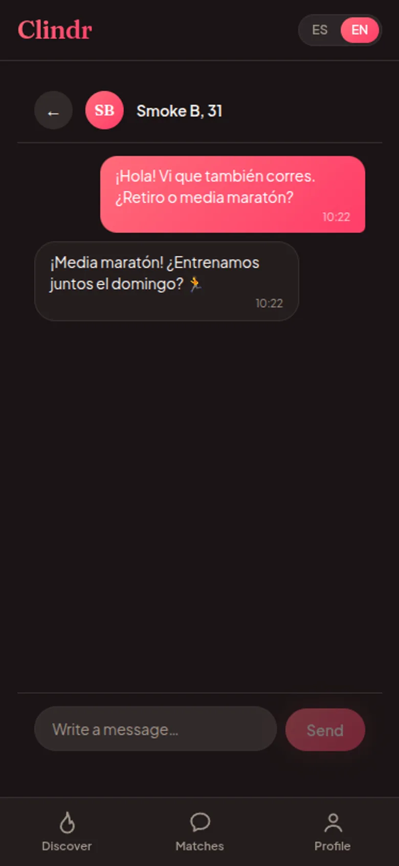 Pantalla de chat de Clindr entre dos perfiles con match